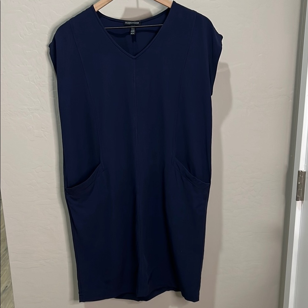 Eileen Fisher Dress MIDI Mini Shift Sleeveless V-Neck Dress Tencel Viscose